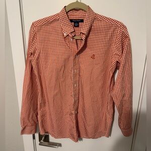 Boys Brooks Brothers size large orange & white plaid button down collared shirt